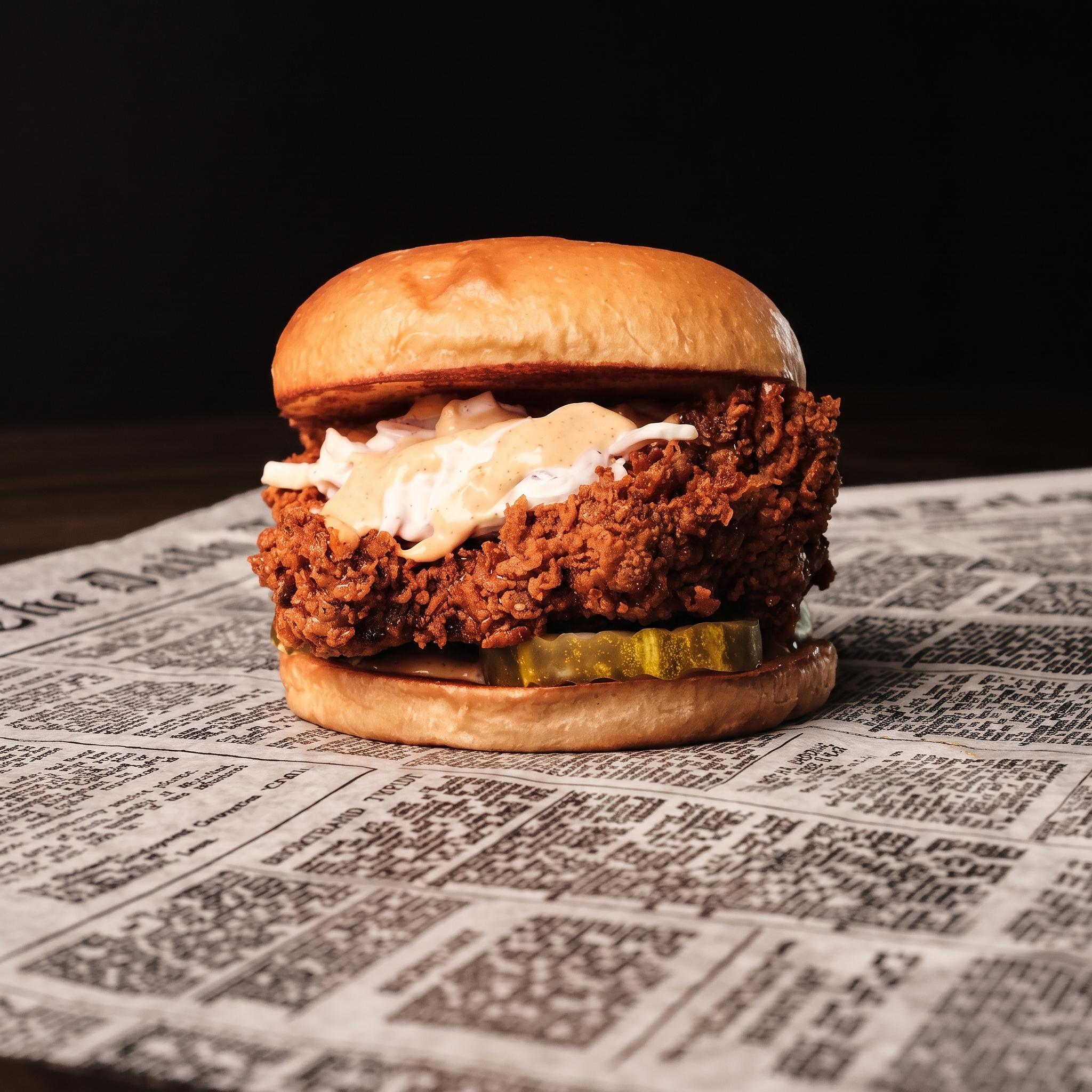 CHI TEA's Big Bird fried chicken sandwich with coleslaw and sauce on a brioche bun