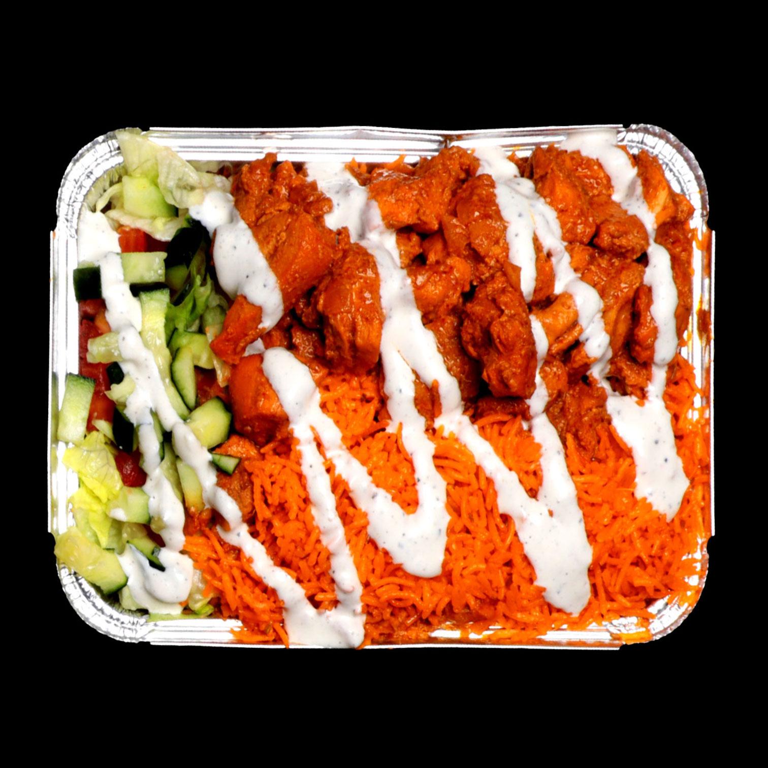 Halaleez chicken over rice platter with salad and white sauce in a foil tray