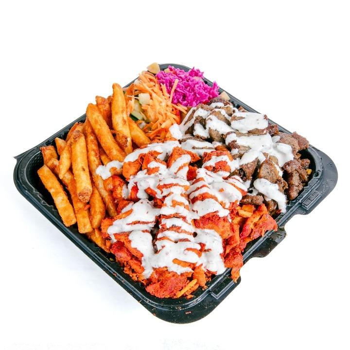NYC Halal Eats mixed platter with chicken, gyro meat, fries, salad and white sauce