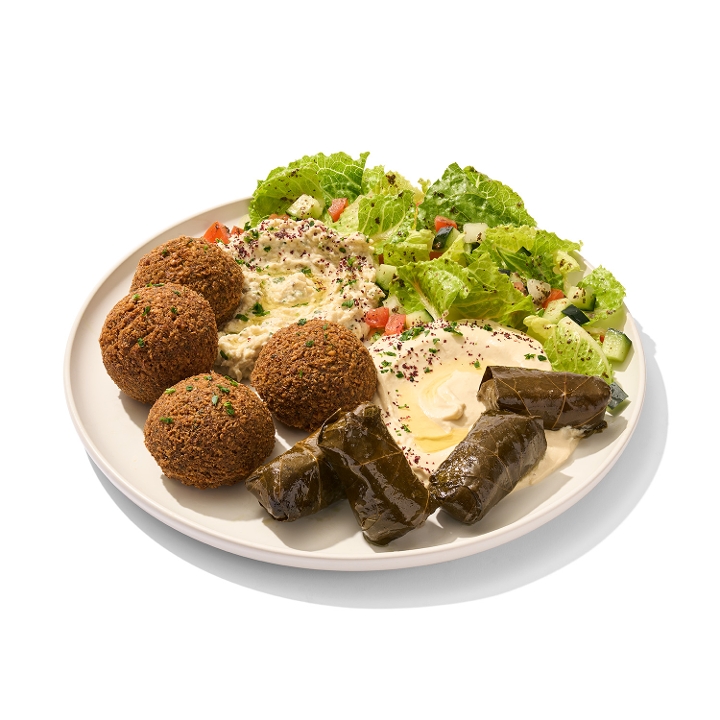 Pita Pita Veggie Plate with falafel, hummus, baba ghanouj, stuffed grape leaves and salad